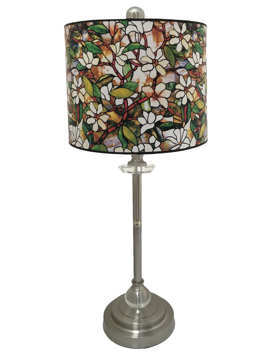 Royal Designs 28" Crystal and Brushed Nickel Buffet Lamp with Magnolia Stained Glass Design Hard Back Lamp Shade