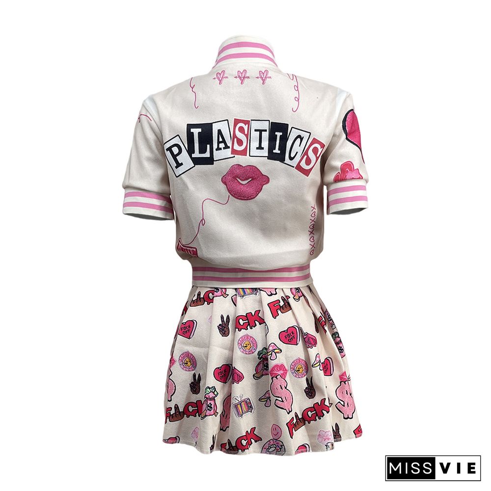 Short Sleeve Print Baseball Jacket Pleated Skirt Sets