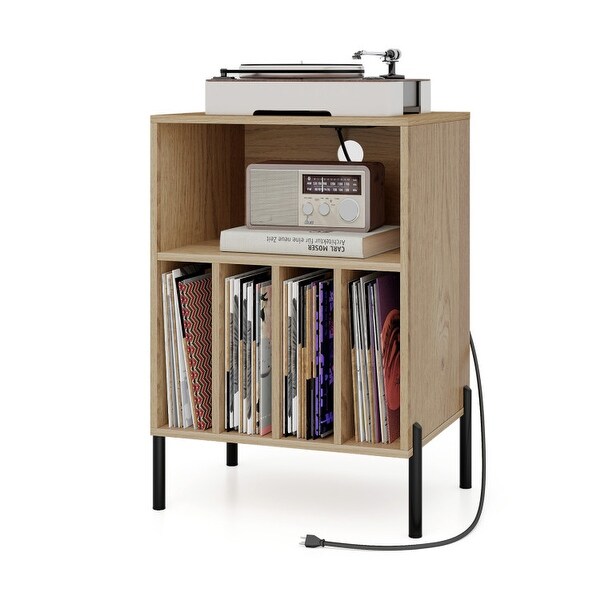 Record Player Stand with Record Storage Shelf and Charging Station