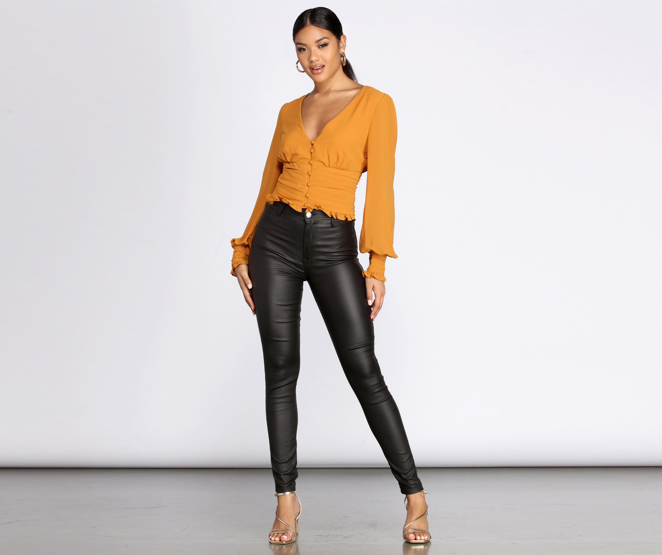 Chiffon Ruched Waist Cropped Blouse