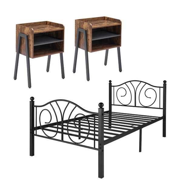 Taomika 3-Pieces Modern Black Metal Bed Frame and Brown Nightstand Sets - - 35206951