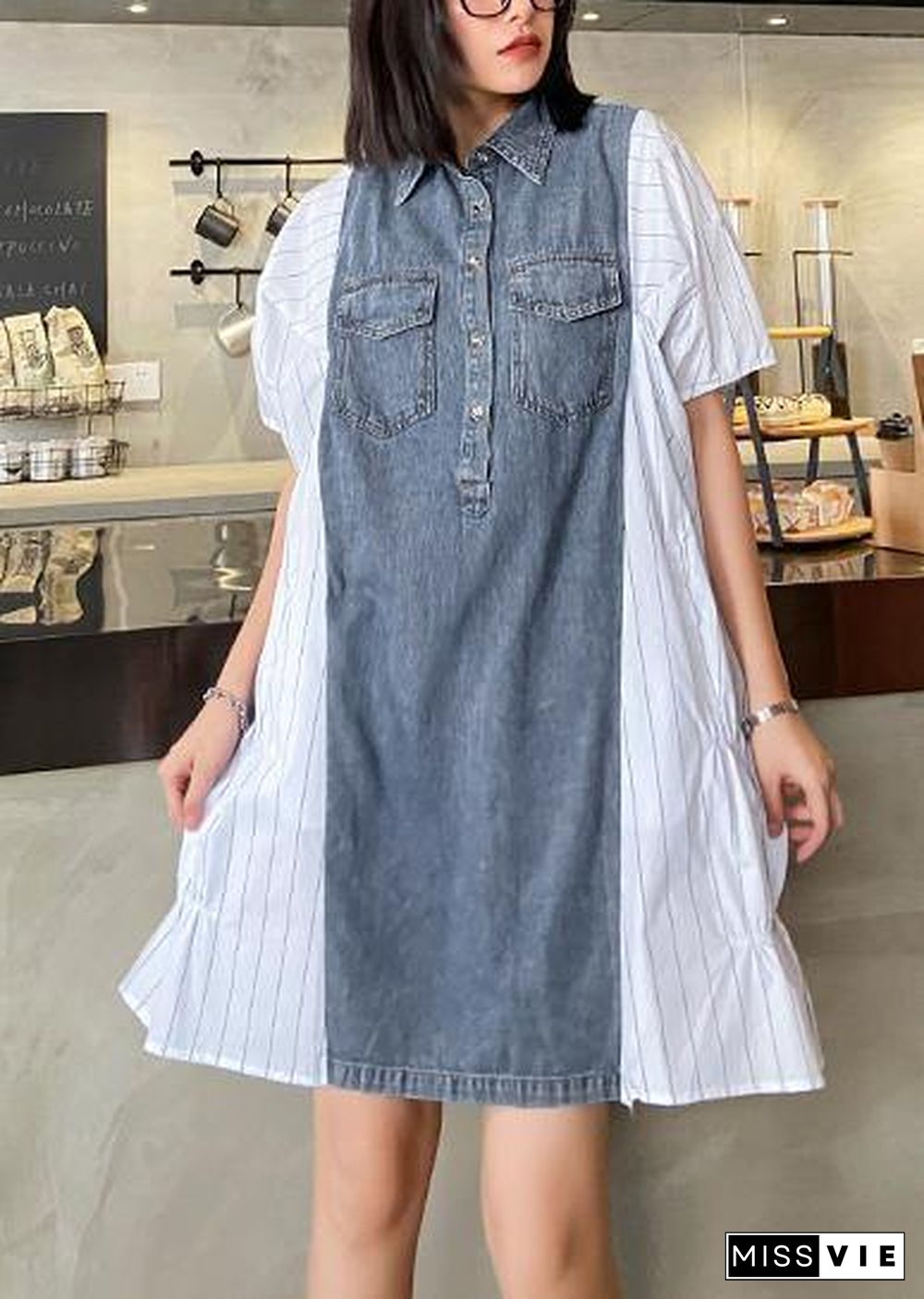 Style lapel quilting dresses Runway white striped patchwork denim Dresses