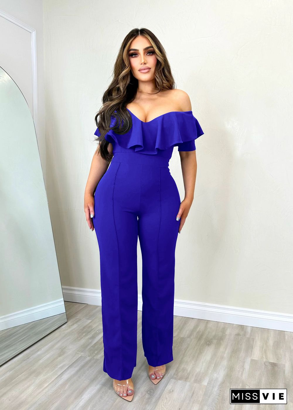 Elegant Solid Ruffle Slash Neck One Piece Jumpsuit