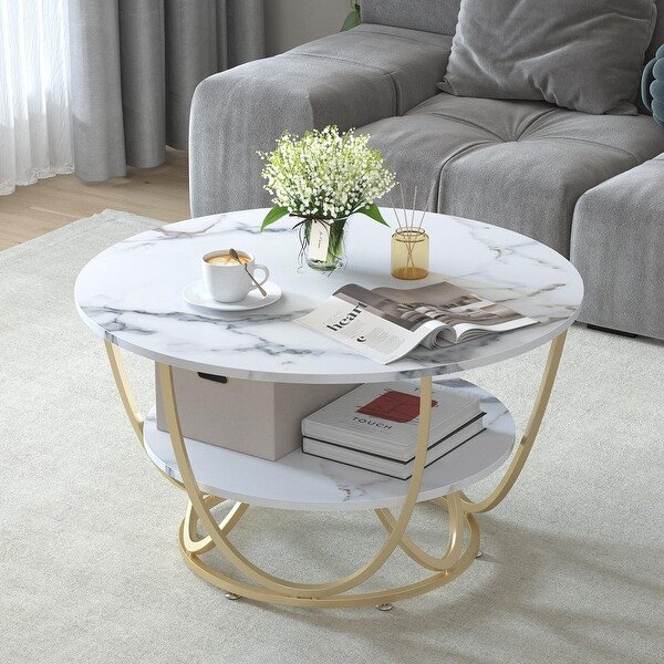 Modern Faux Marble 2 Tier Round Coffee Table， Gold