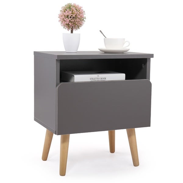 Wood Side Table Nightstand with Drawer and Open Shelf