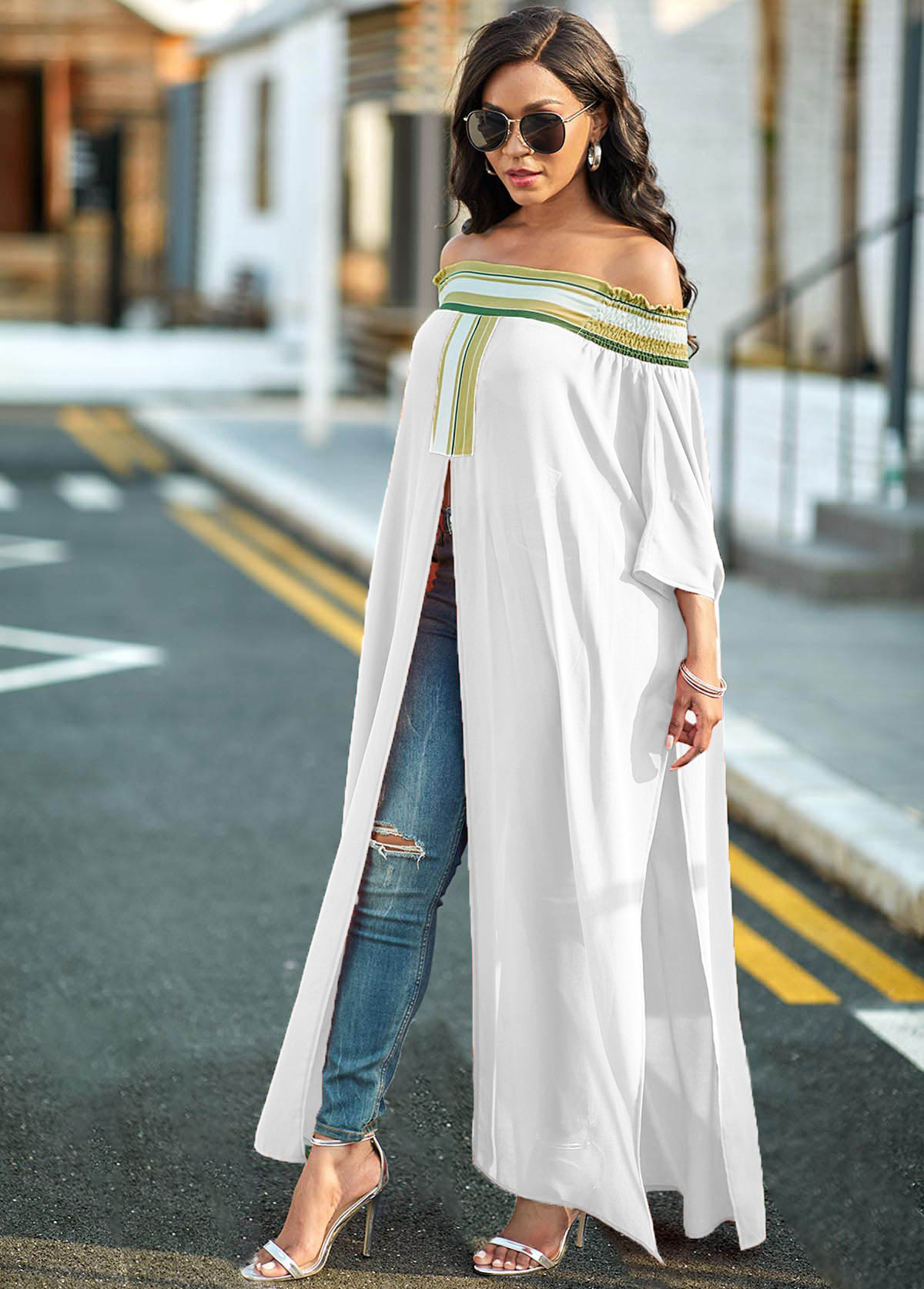 Striped High Slit Off Shoulder Blouse