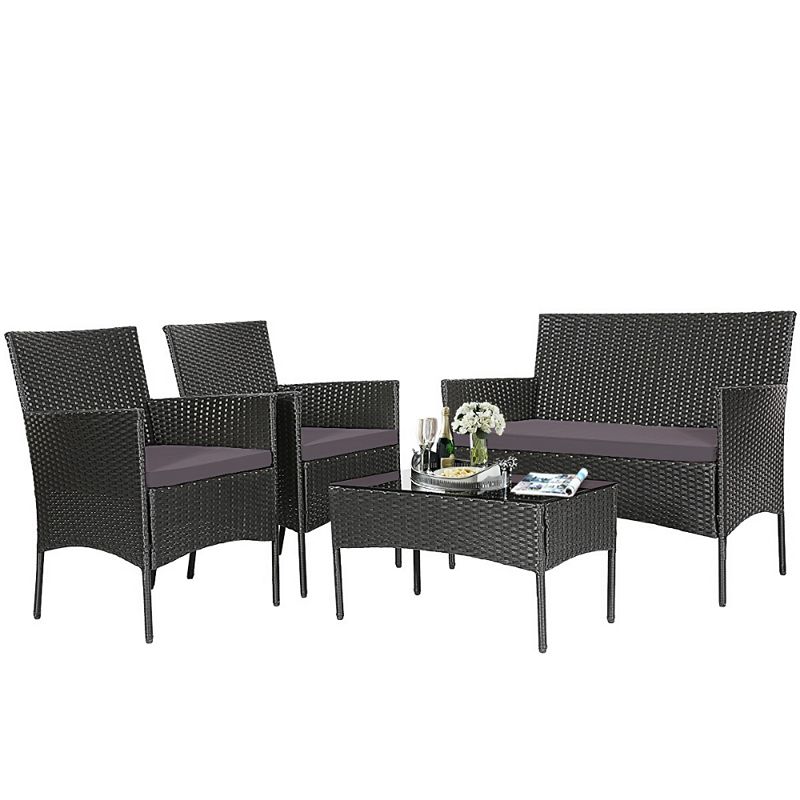 4 Pieces Patio Rattan Cushioned Sofa Furniture Set with Tempered Glass Coffee Table