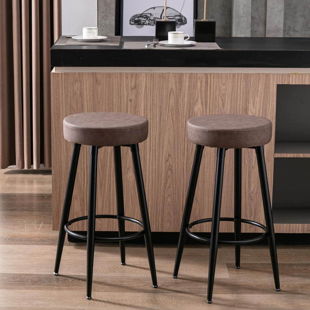 mieres 28 in. H Industrial PU Leather Bar Stools Round Kitchen Counter Stools Bar Chairs with Metal Leg (Set of 2) YWZW1143412041