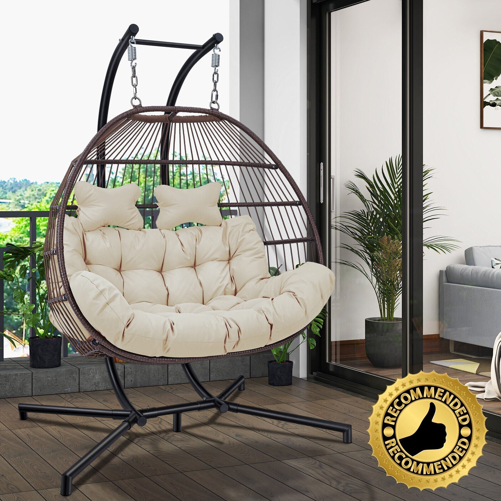 Premium 2-Seater Hanging Patio Egg Swing Cushion Chair With Stand