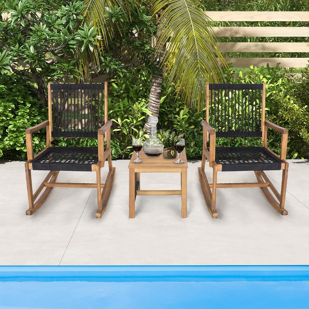 Tangkula 3 Piece Acacia Wood Rocking Chair Set W Coffee Table amp All weather Rope Patio Poolside