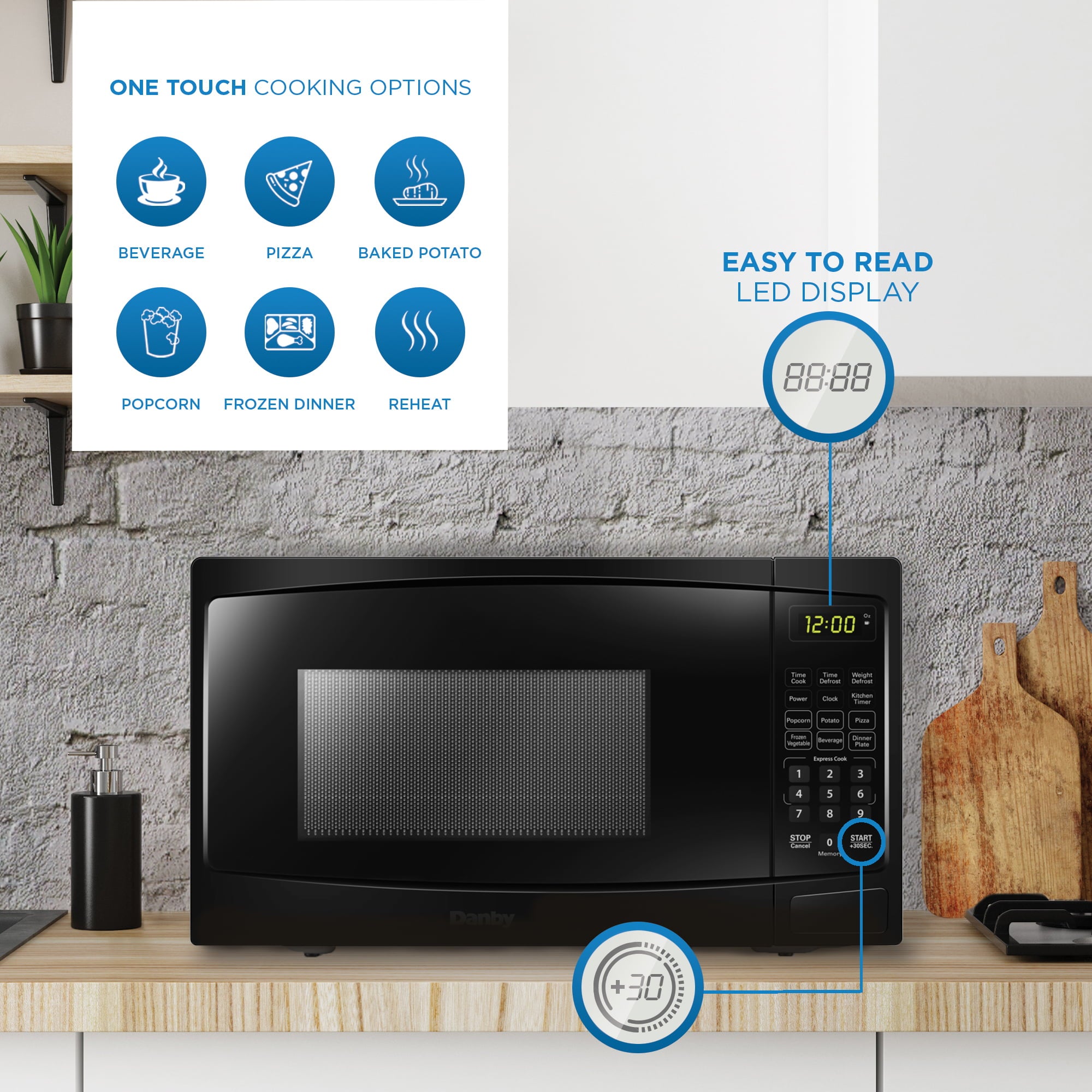 Danby DBMW0720BBB 700 Watts 0.7 Cu.Ft. Countertop Microwave with Push Button Door|10 Power Levels, 6 Cooking Programs|Auto Defrost and Child Lock