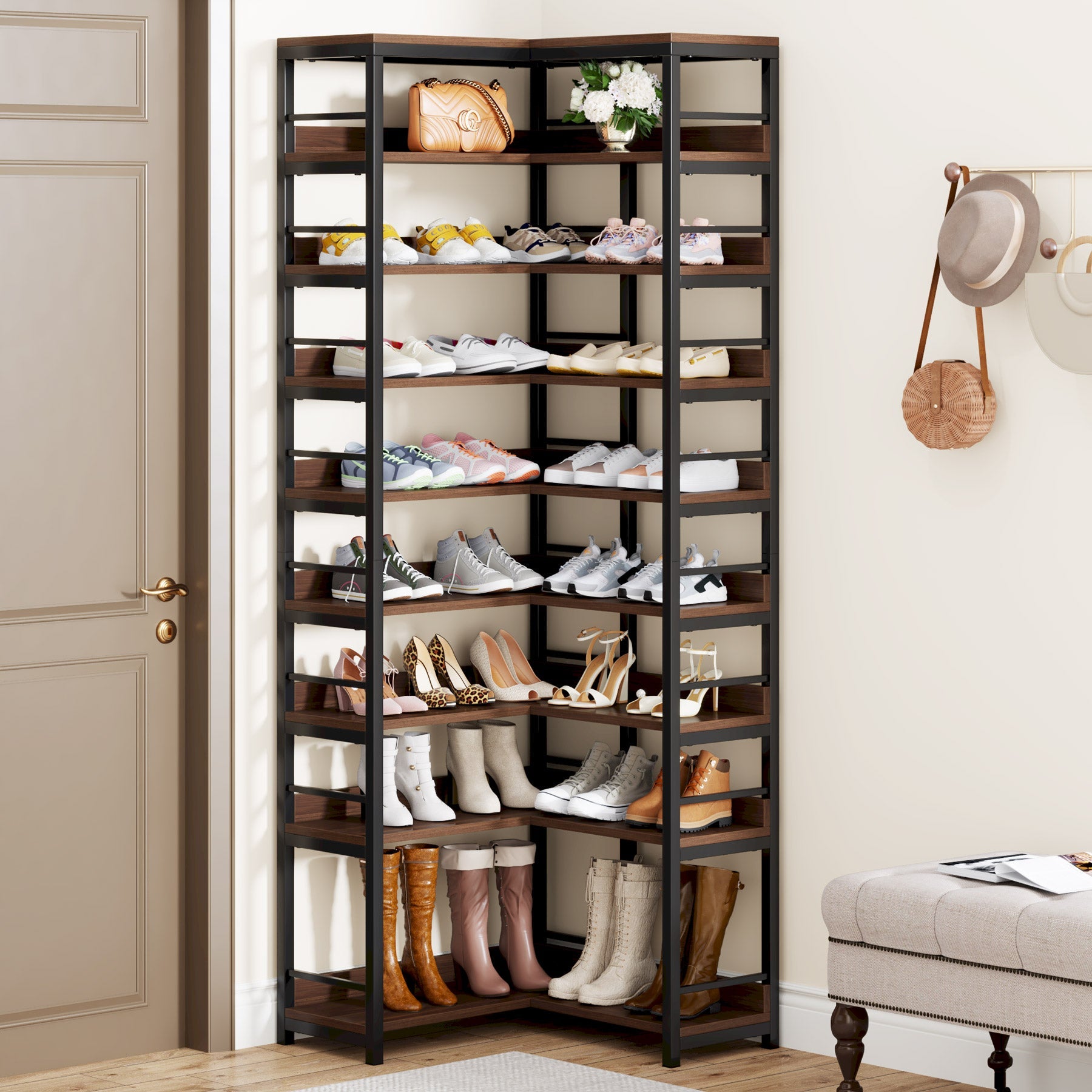 9-Tier Corner Shoe Rack, Freestanding Shoe Storage Shelf