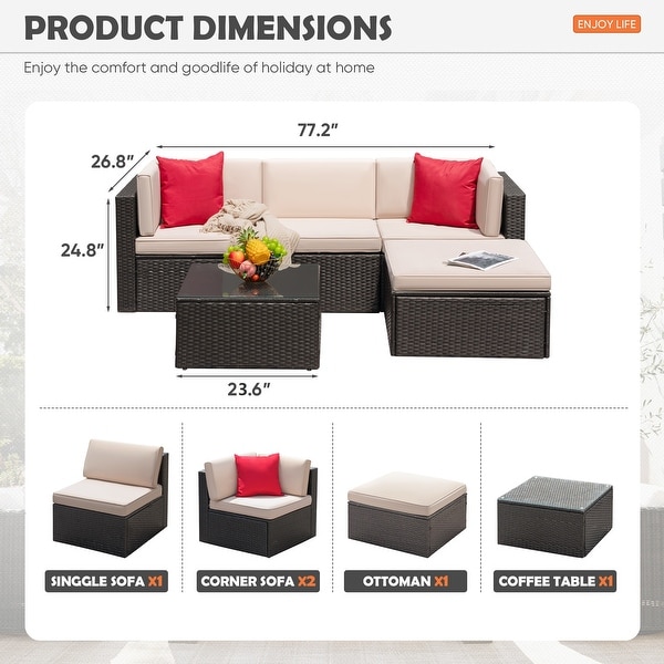 Furniwell 5 Pieces Patio Sectional Sofa Sets Rattan Conversation Sets