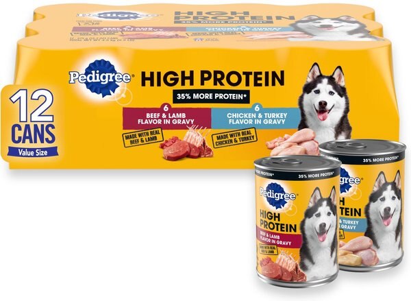 Pedigree High Protein Beef and Lamb Flavor in Gravy and Chicken and Turkey Flavor in Gravy Variety Pack Canned Dog Food， 13.2-oz can， case of 12