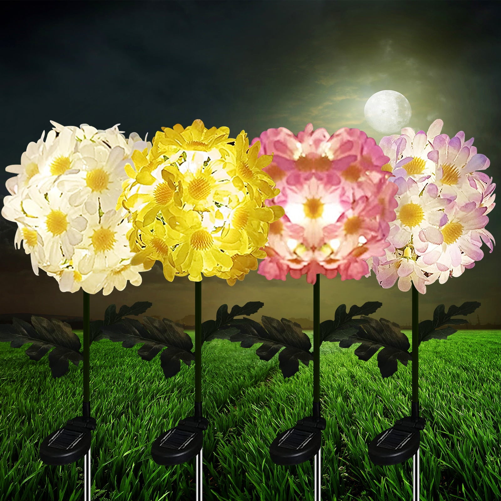 4 Pack Daisy Flower Ball Solar Lights， Decorative Solar Garden Lights， Waterproof LED Solar Powered Stake Light for Outdoor Pathway， Patio， Yard