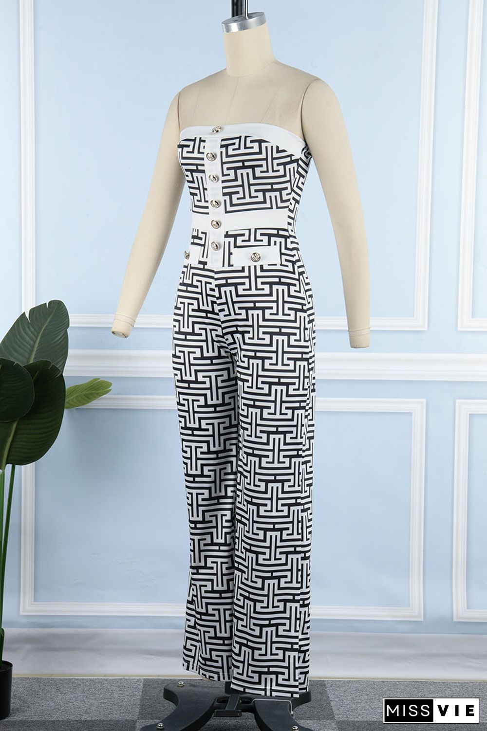 Black White Sexy Street Print Patchwork Strapless Straight Jumpsuits