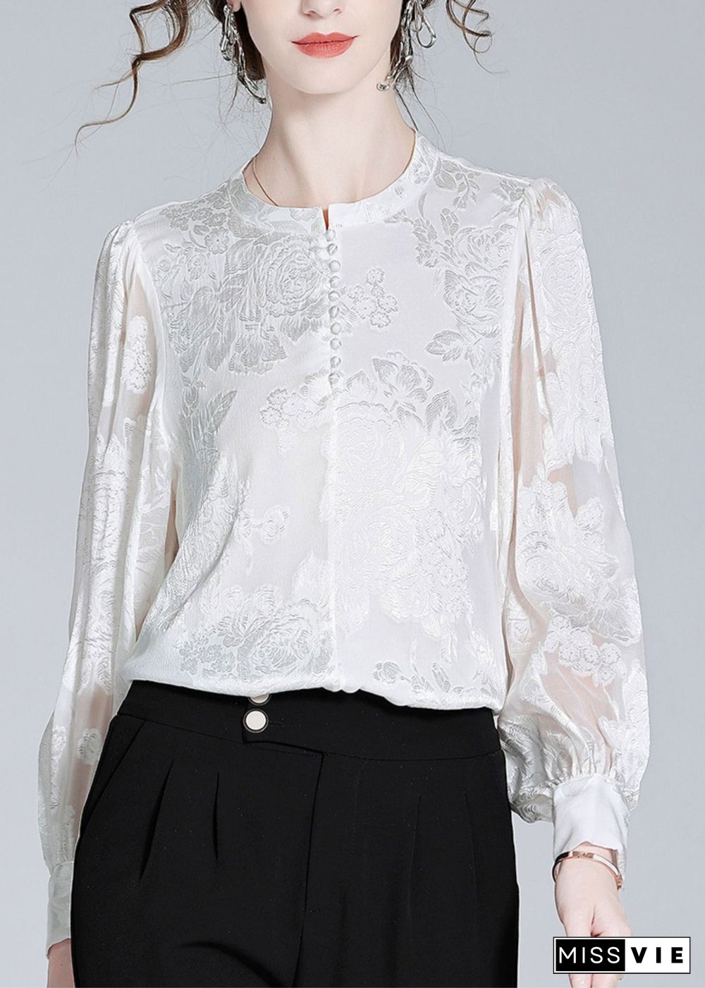 Fashion White O-Neck Button Jacquard Slik Shirt Spring