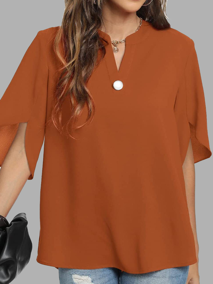 Casual Solid Color Button V-Neck Short Sleeve Blouse