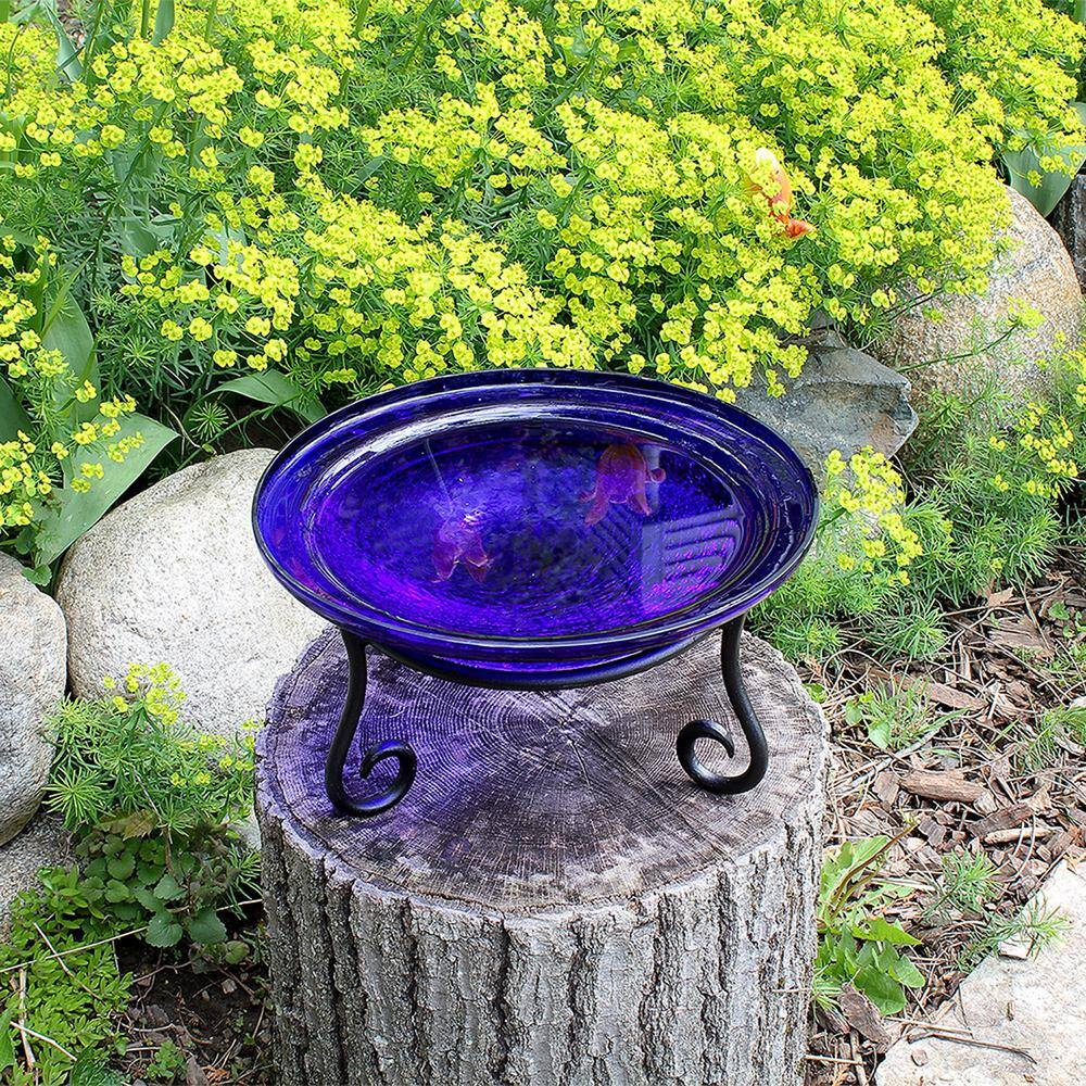 Achla Designs 12.5 in. Dia Cobalt Blue Reflective Crackle Glass Birdbath Bowl with Short Stand CGB-01CB-S1