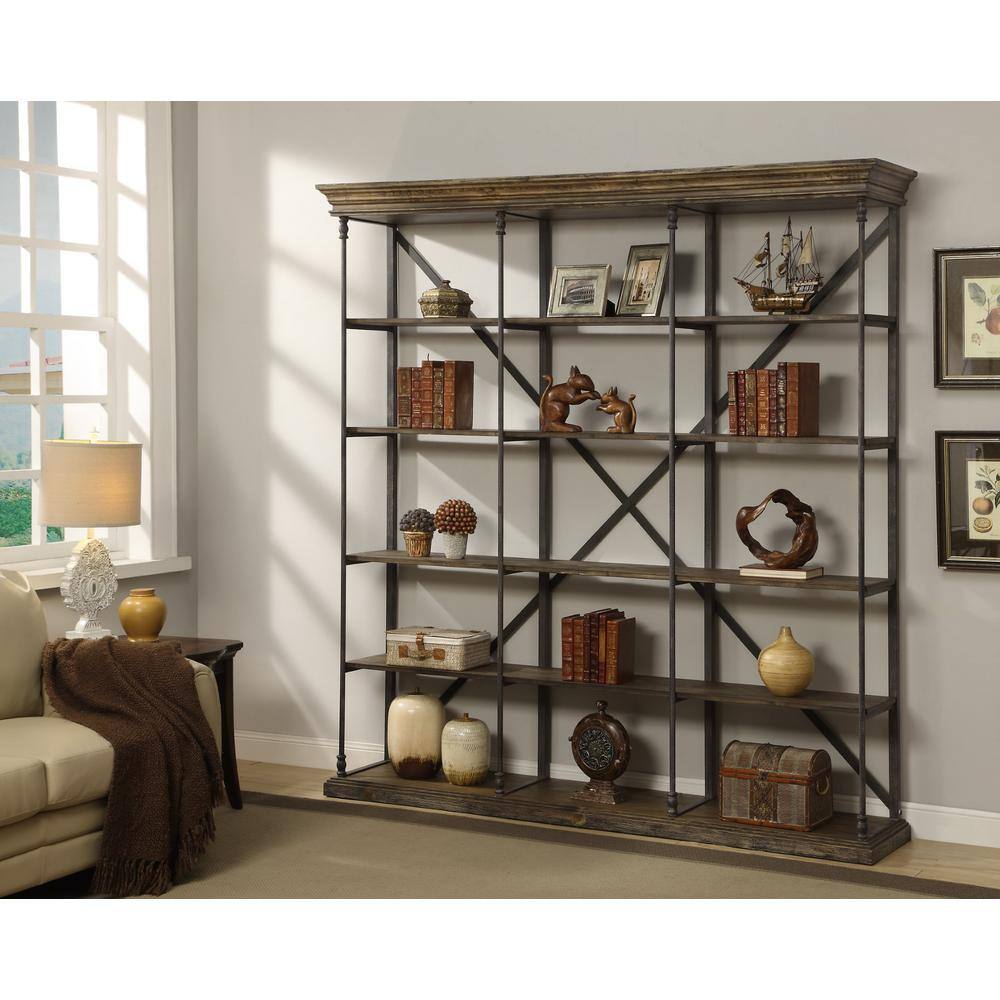 Coast To Coast Accents Corbin 86.50 in. Medium Brown Wood and Steel 4-Shelf Large Bookcase 67462