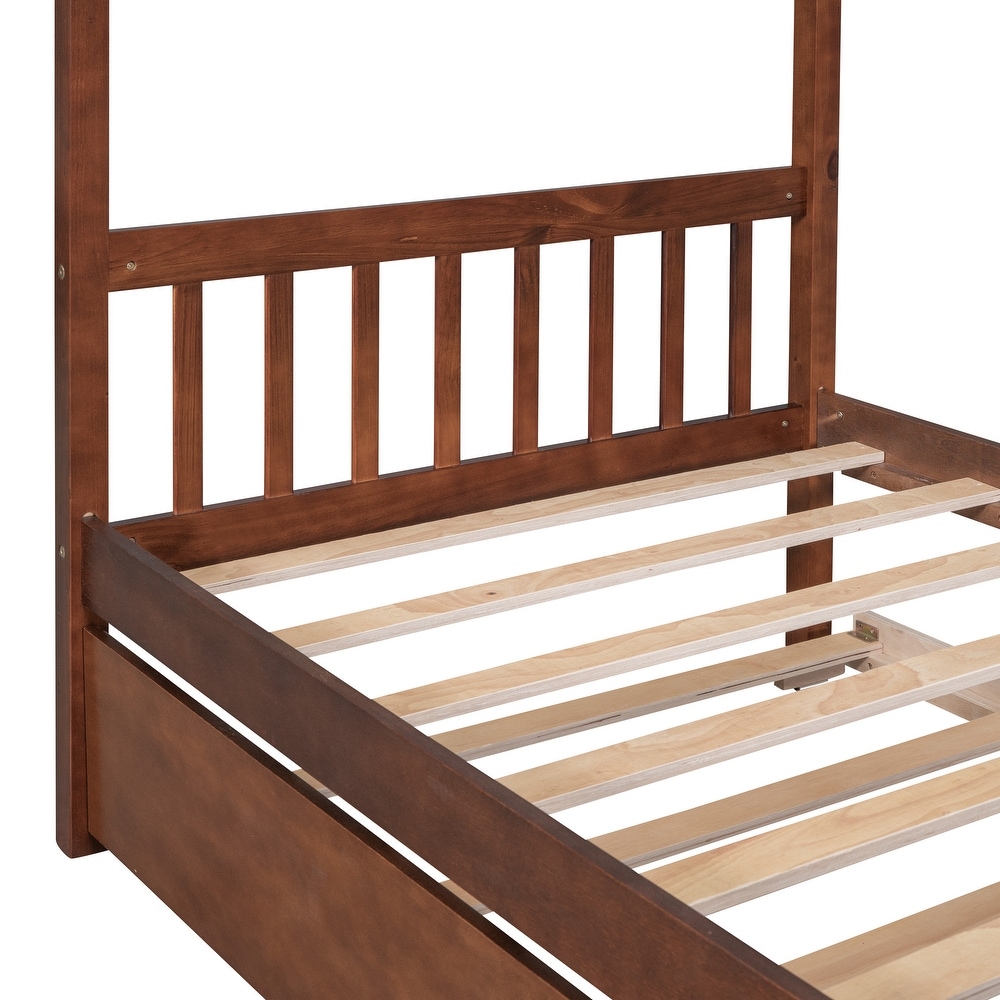 Twin Imaginative House Daybed with Headboard for Kids Girls Boys  Wooden Storage Platform Bedframe w/Trundle   Sky Roof  Walnut