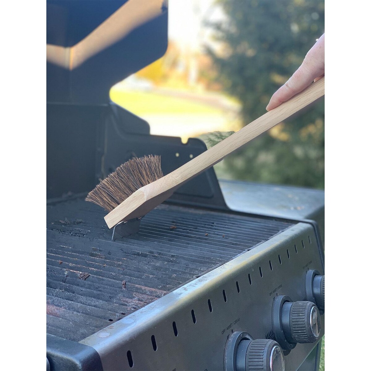 Outset Bassine Bristle Grill Brush W/ Stainless Steel Scraper and Beechwood Handle