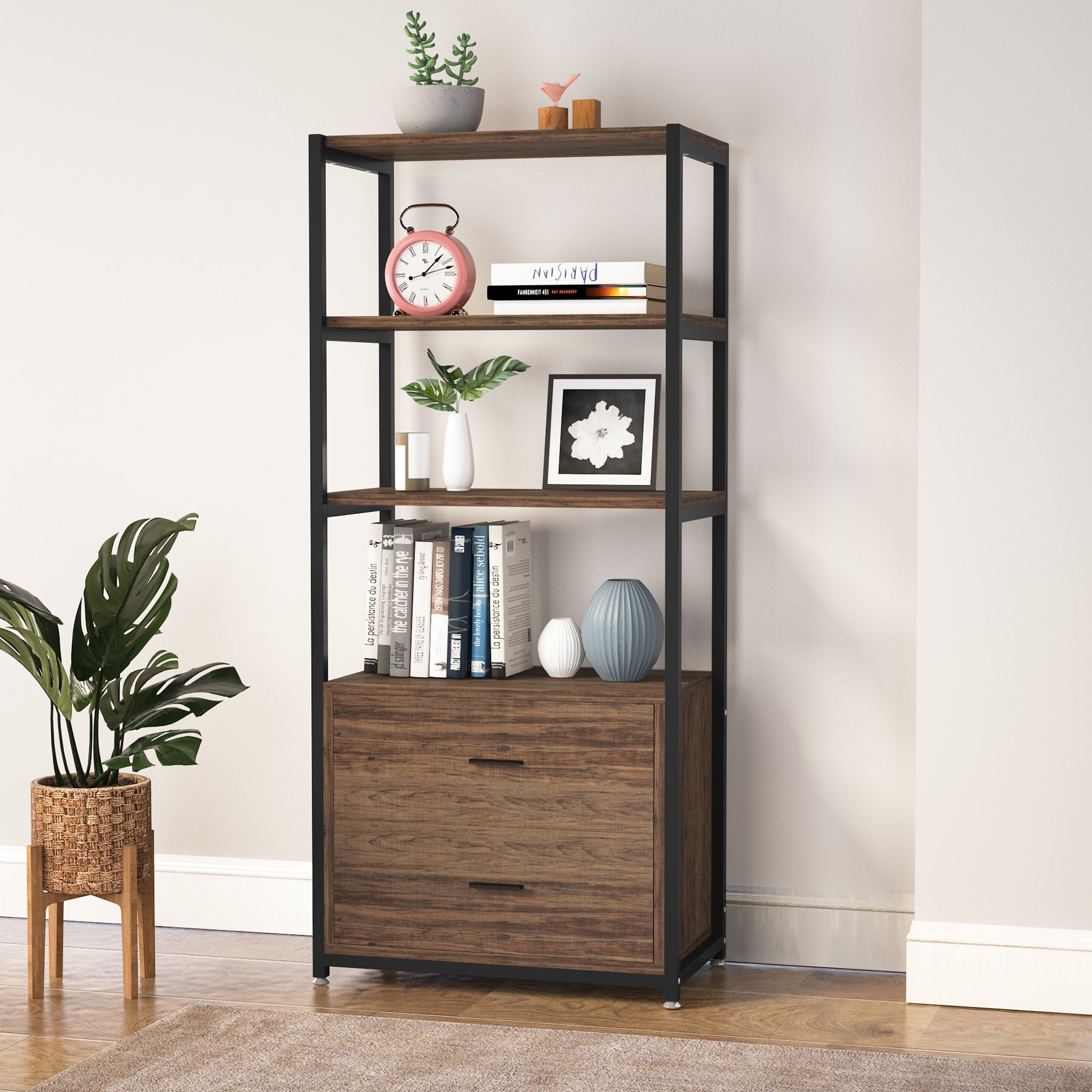 2-Drawer Bookshelf Etagere Bookcase with Open Shelves