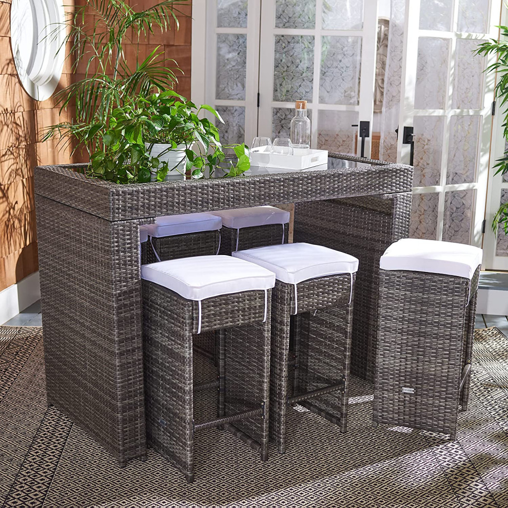 7 Piece Patio Bistro Set  6 Cushioned Stools and Glass Top Table   Tropical   Outdoor Dining Sets   by Decor Love  Houzz