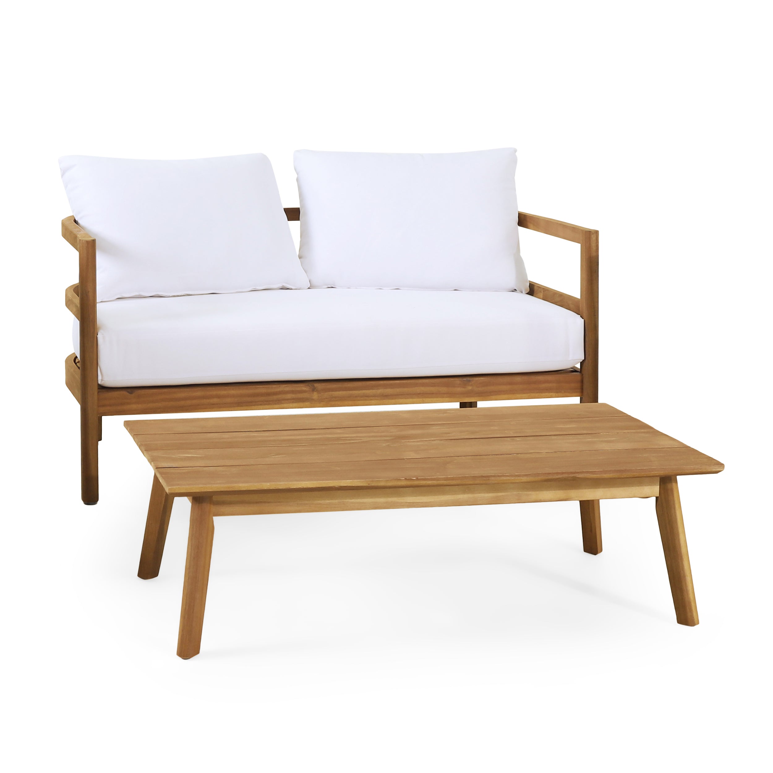 Aggie Outdoor Acacia Wood Loveseat and Coffee Table Set, Teak and White