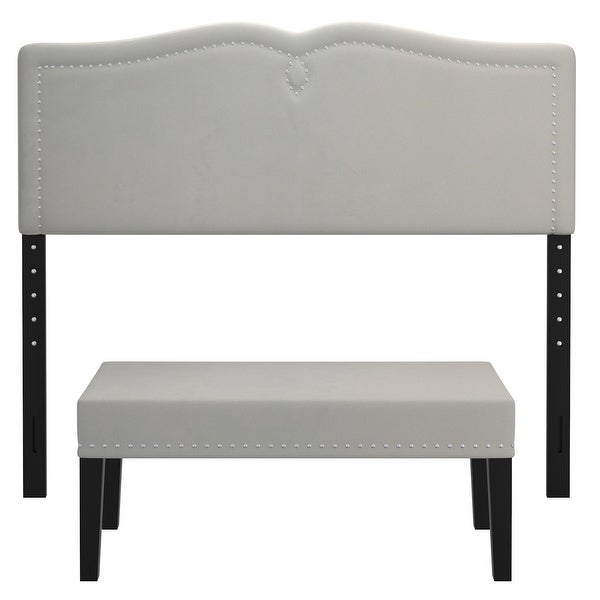 Modern Velvet Double/Queen Adjustable Height Headboard with Bench - - 36002888