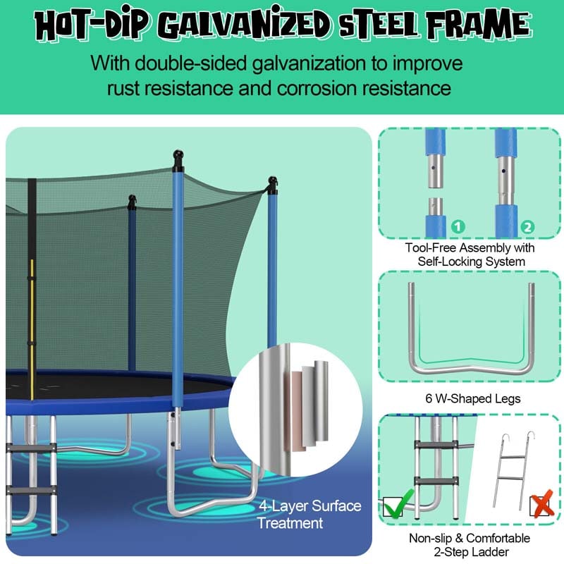 12/14/15/16 FT ASTM Approved Outdoor Recreational Trampoline with Basketball Hoop & Internal Enclosure Net