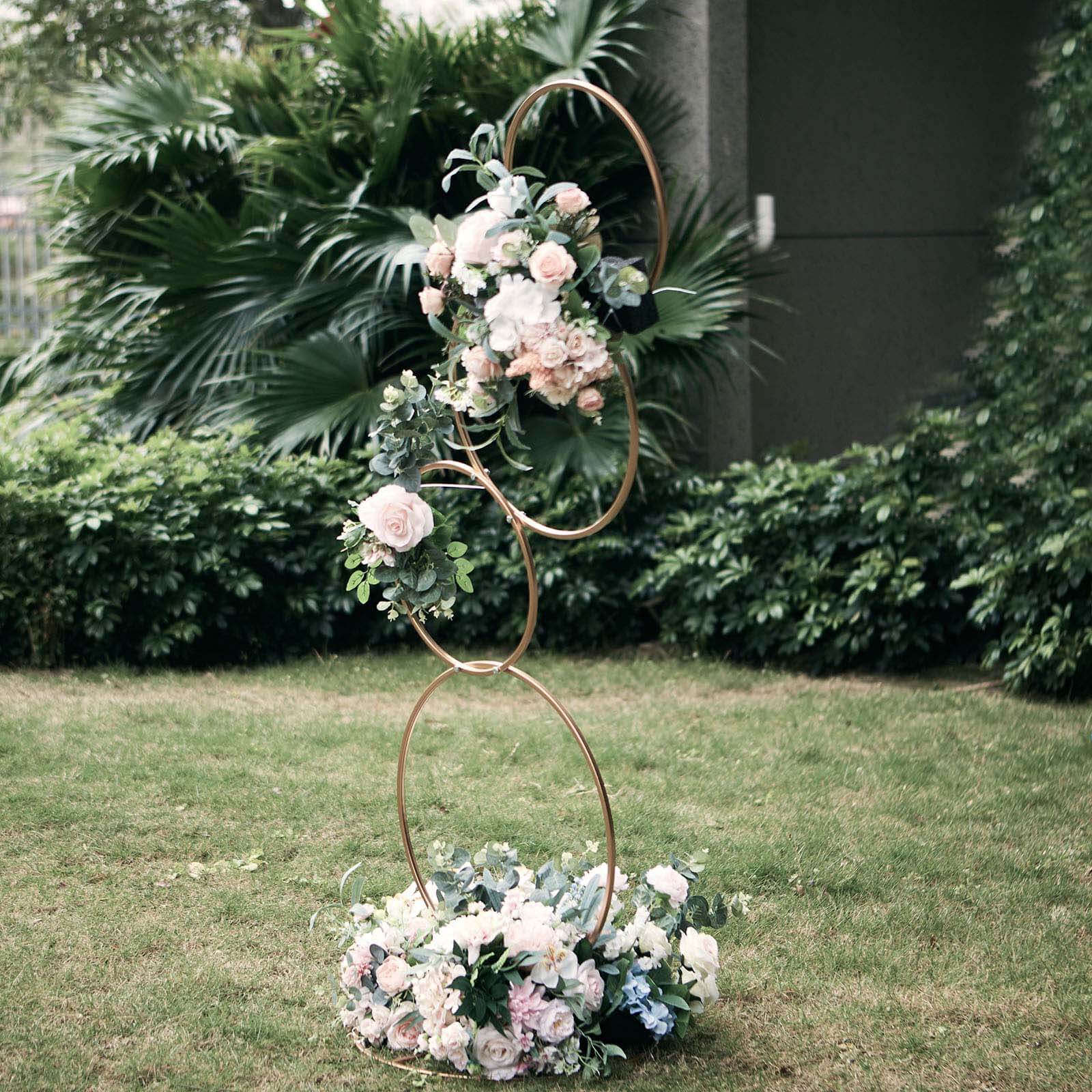 4-Tiered Gold Hoop Pillar Flower Stand, Metal Wedding Arch Table Centerpiece - Hoop Wreath 5ft