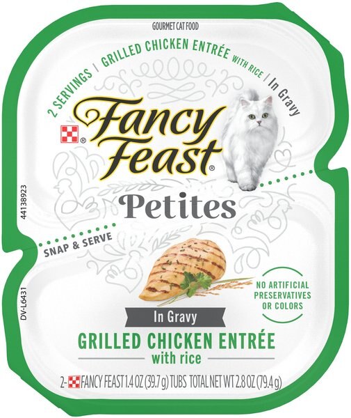 Fancy Feast Petites Gourmet Gravy Wet Cat Food， Petites Grilled Chicken With Rice Entree， 2.8-oz tub， case of 12， 12 count