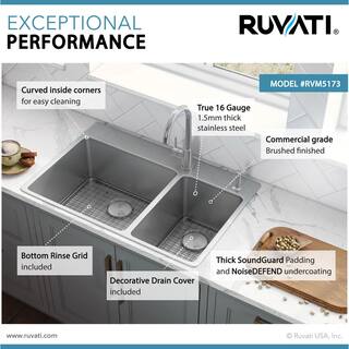 Ruvati 33 in. Double Bowl Drop-in 16-Gauge Stainless Steel Kitchen Sink 7030 RVM5173