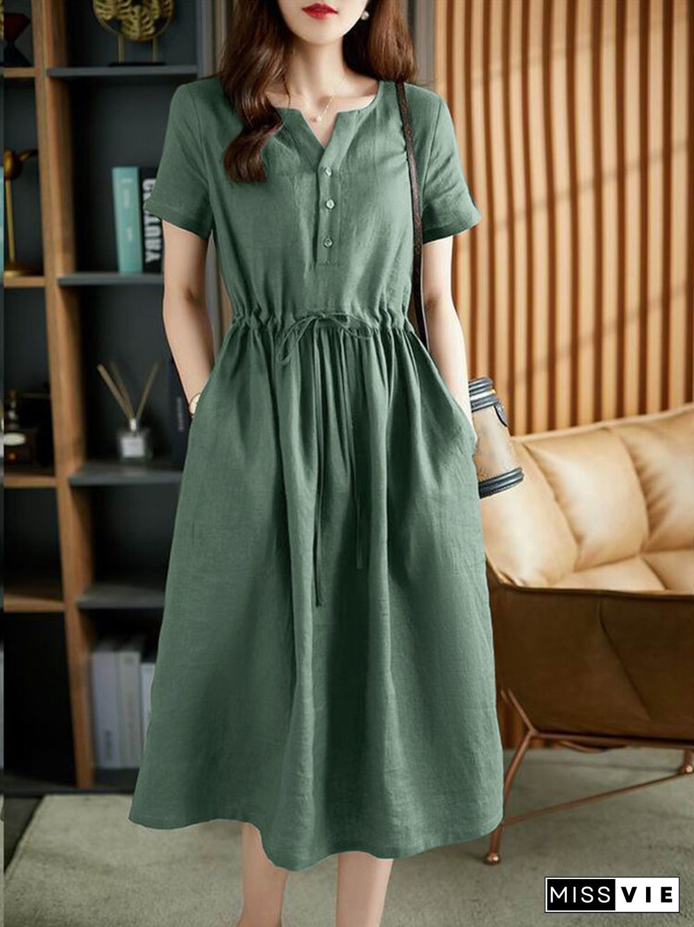 Solid Pocket Drawstring Waist Button Short Sleeve Dress