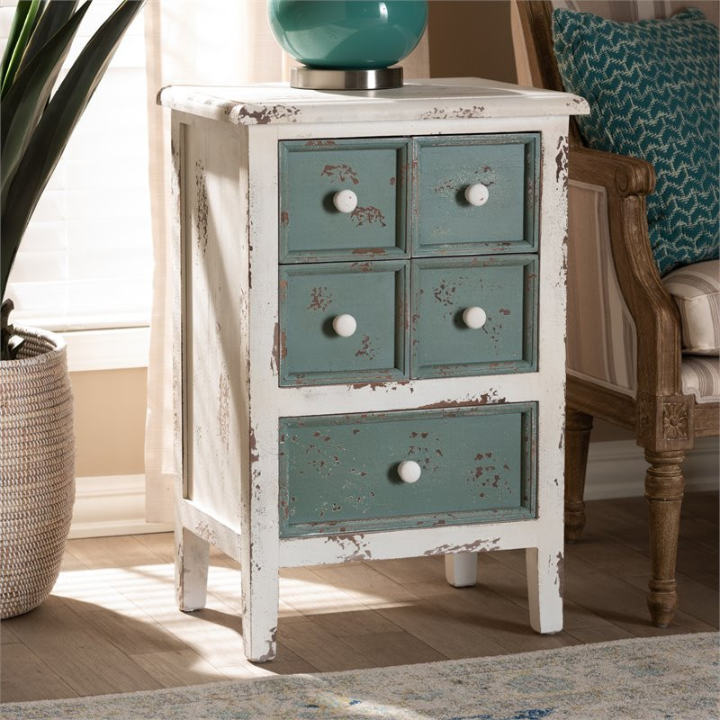 Baxton Studio Angeline Farmhouse 5 Drawer Wood End Table in White and Teal   Farmhouse   Accent Chests And Cabinets   by HedgeApple  Houzz