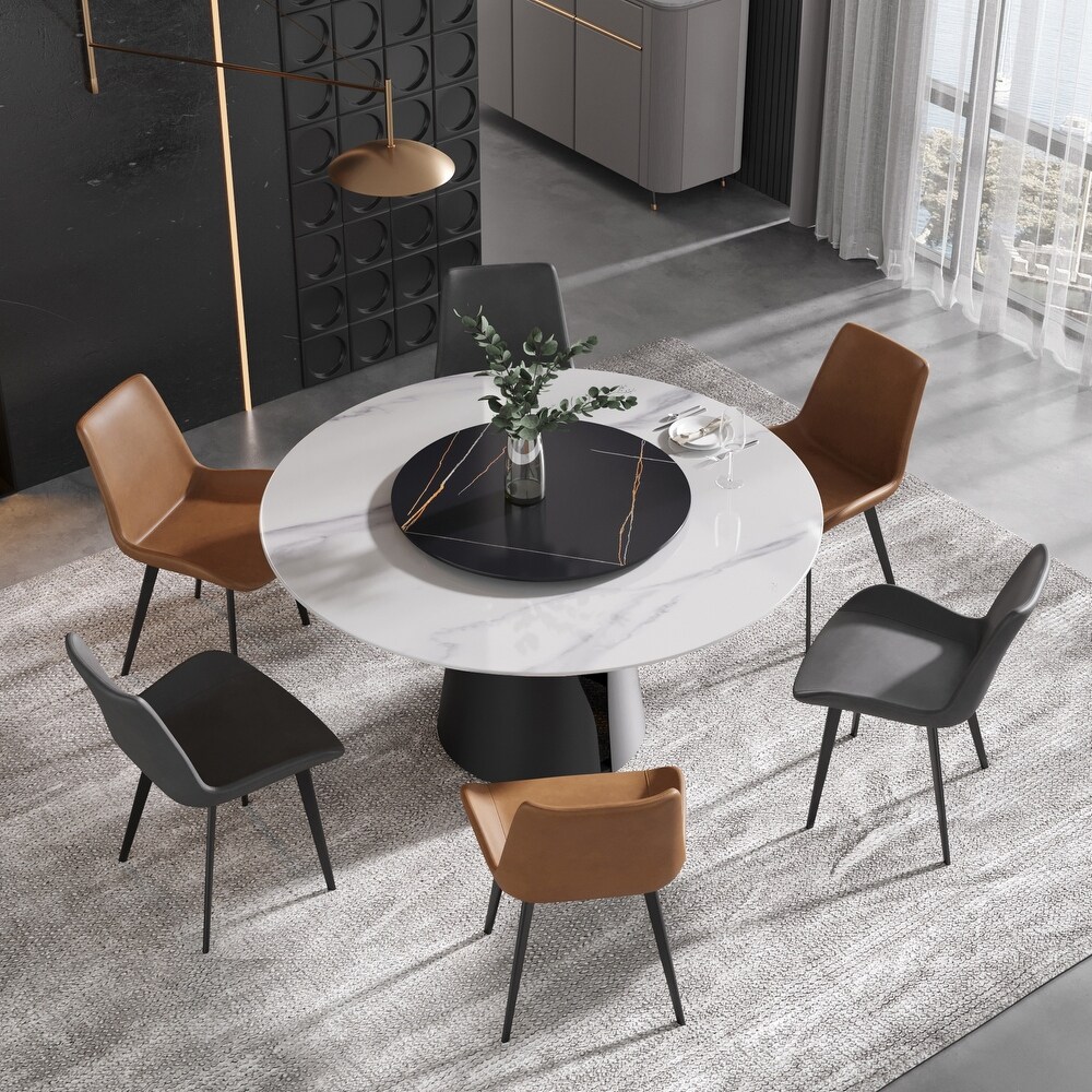 Modern Round Slate Kitchen Dining Table  Black Pedesta and Turntable    59.05 inch   N/A