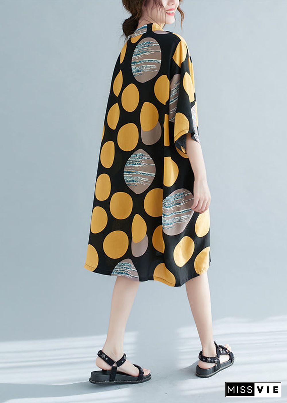 Retro Print Dot Stand Collar Linen Party Dress Half Sleeve