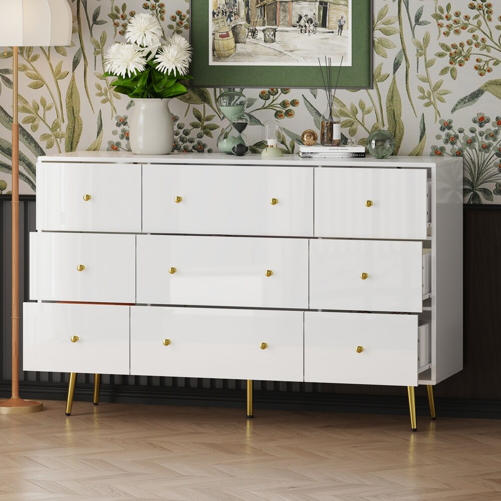 Contemporary 9 Drawer Dresser   High Gloss Finish with Gold Legs Chest