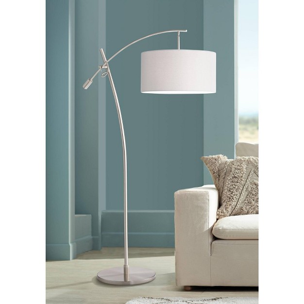 Tall Brushed Steel Adjustable Boom Off White Linen Drum Shade For Living Room Reading Office