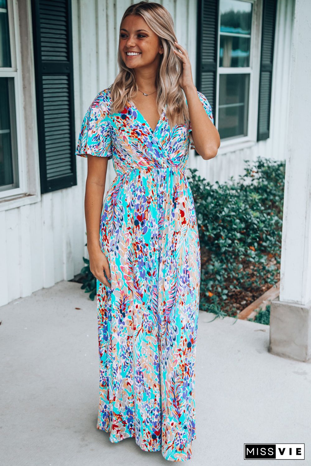 Green Wrap V Neck Floral Maxi Dress