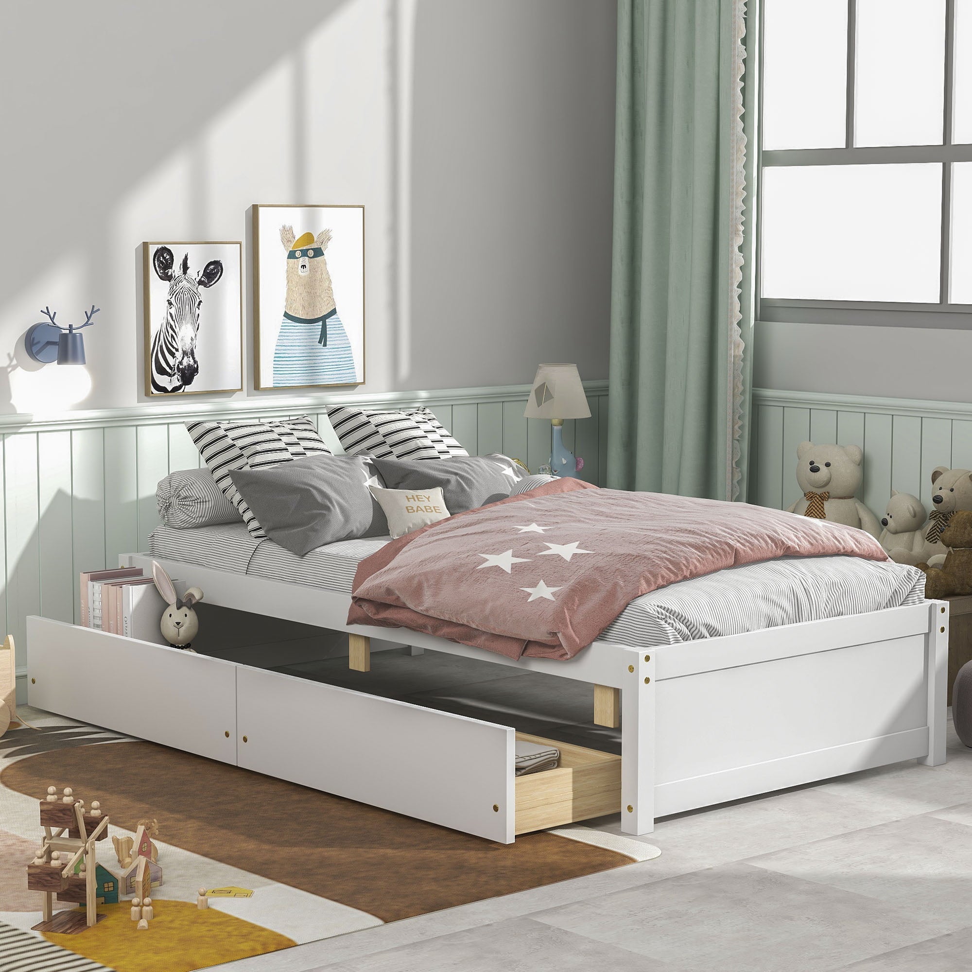 Twin Platform Bed Frame with Storage Drawers, Kids Twin Size Bed Frame No Box Spring Needed, Solid Wood Platform Beds with Two Drawers, Modern Single Bed Bedroom Furniture, White, J1159