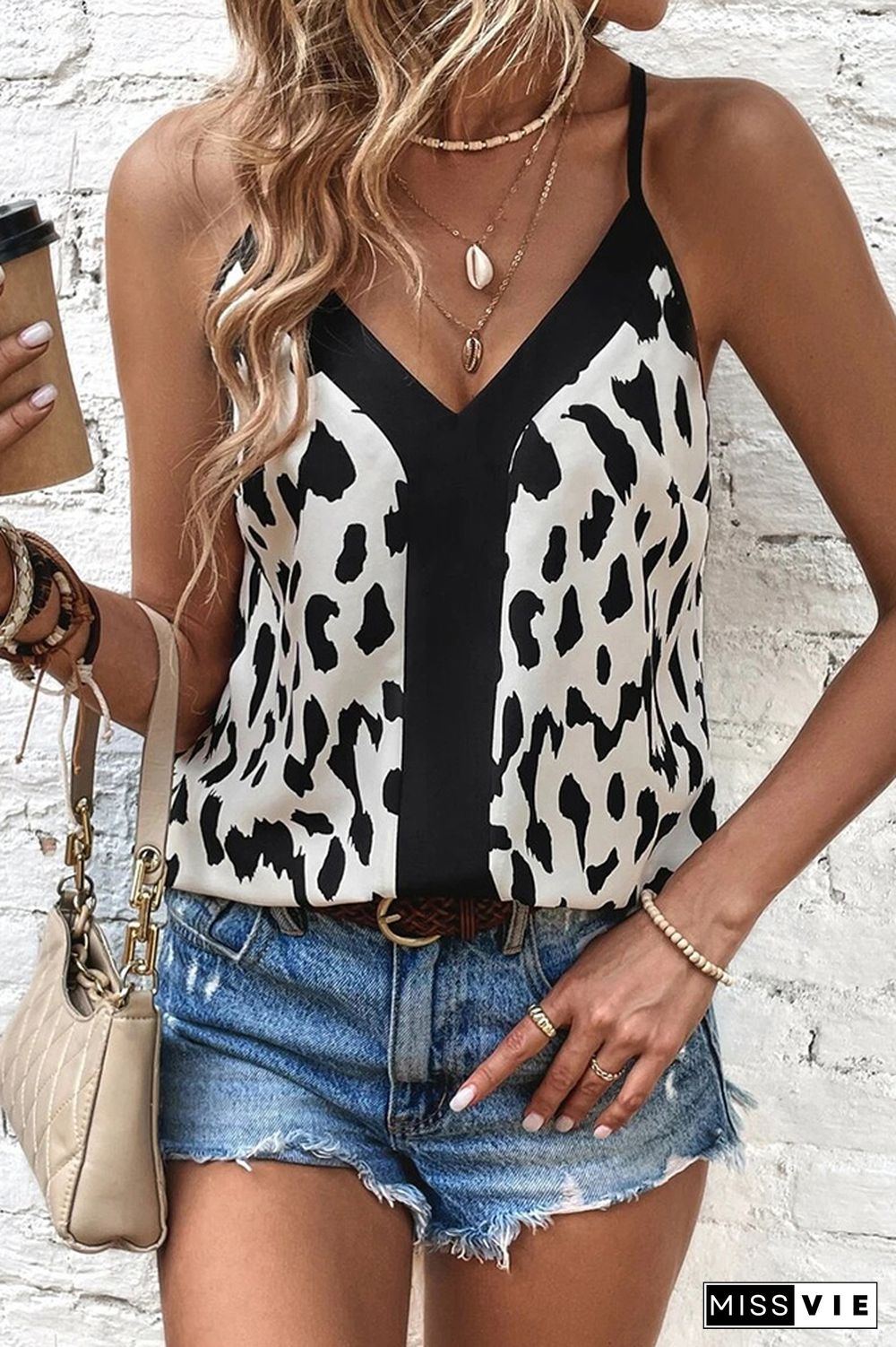 V Neck Leopard Spaghetti Cami Top