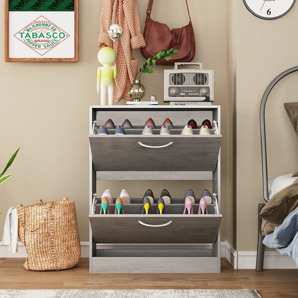 Grey Wood 12-Pair Shoe Storage Cabinet w/ 2 Flip Drawers by Kerrogee - - 35523724