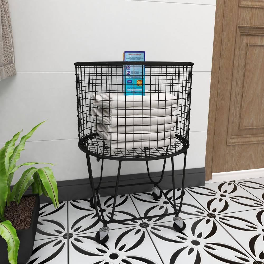 CosmoLiving by Cosmopolitan Black Deep Set Metal Mesh Laundry Basket Storage Cart with Wheels 29034