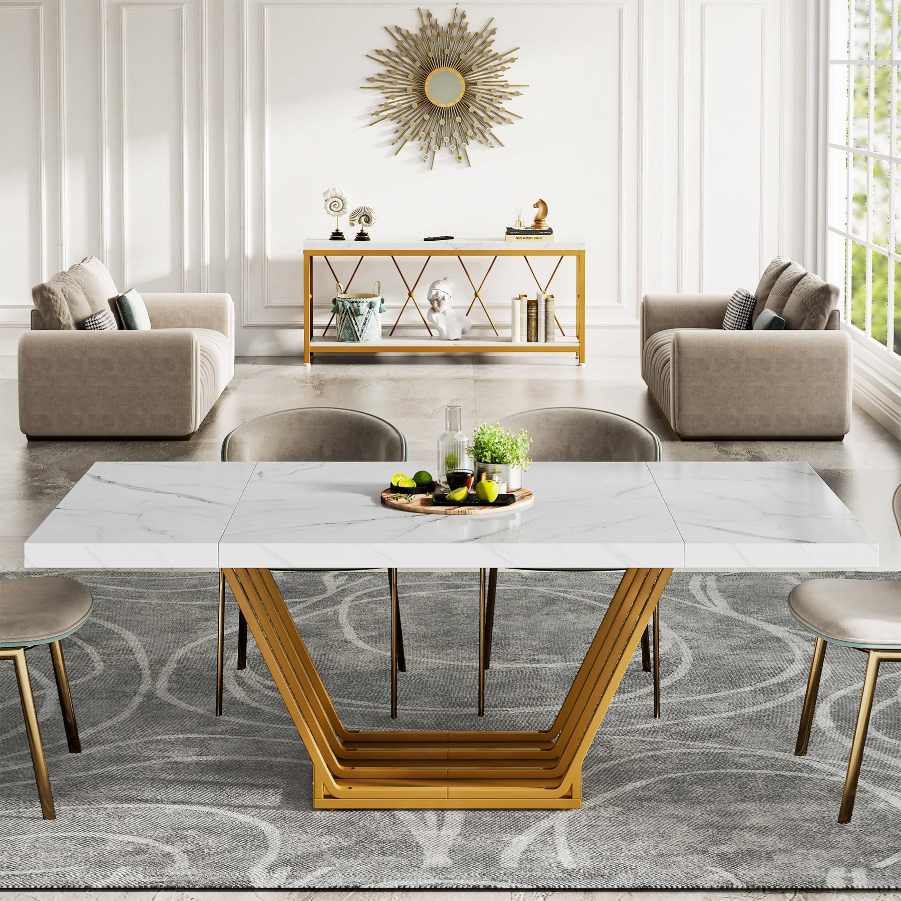 63-Inch Modern Dining Table with Faux Marble Top for 4-6 People