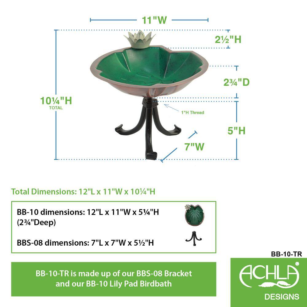 Achla Designs 10.25 in. Tall Antique Copper Plated and Colored Patina Lilypad Birdbath with White Flowers and Tripod Stand BB-10-TR