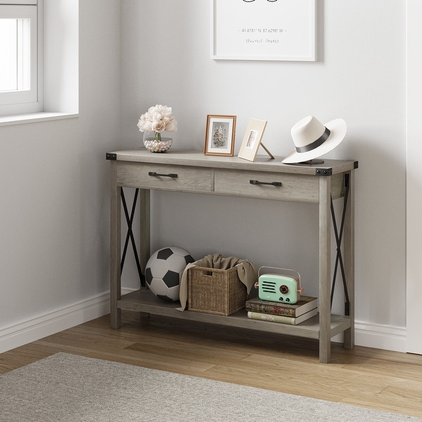 Console Table with 2 Drawers， Farmhouse Sofa Table with Storage Shelf， Accent Wood Entryway Table for Living Room