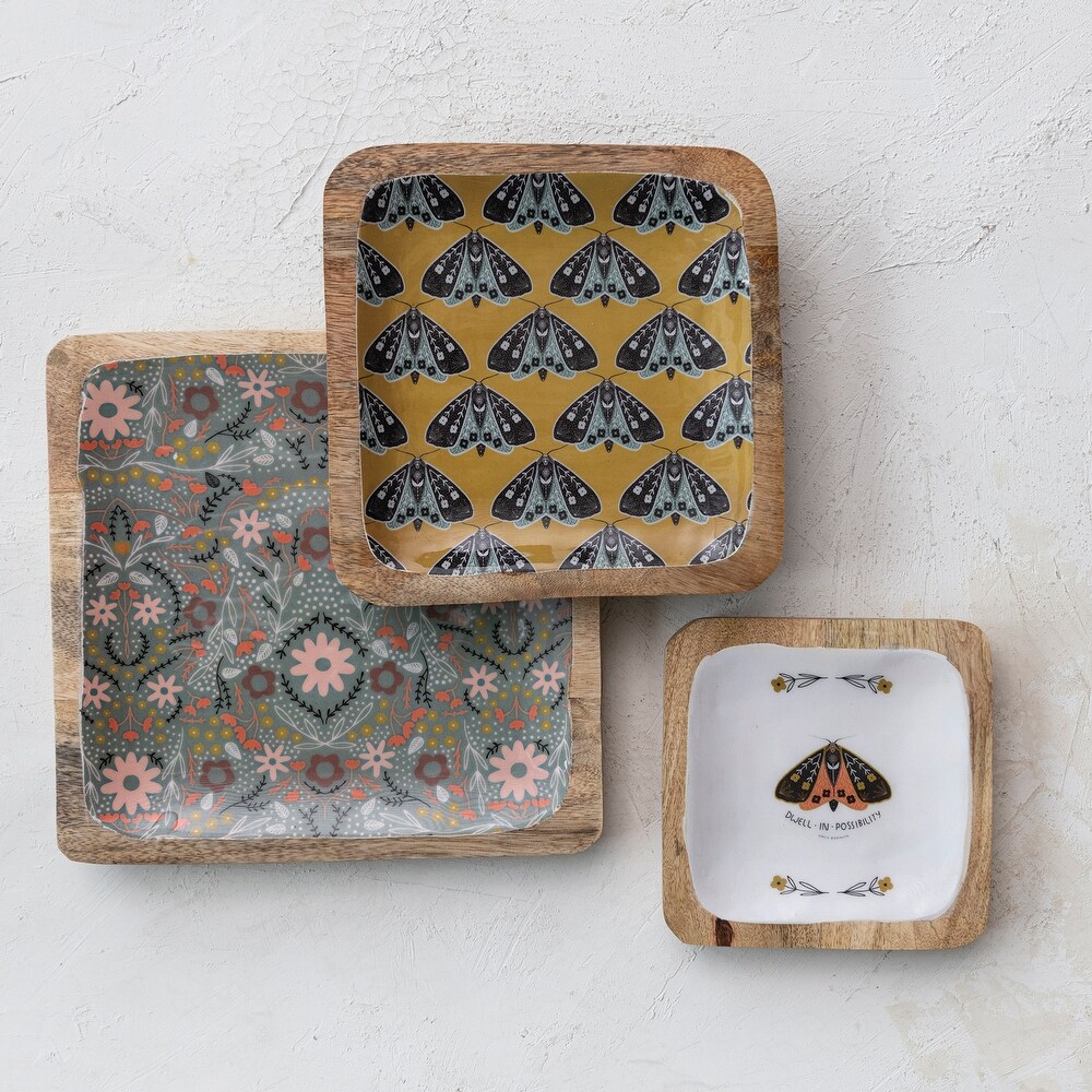 Enameled Wood Trays with Moths and Florals   6.3\