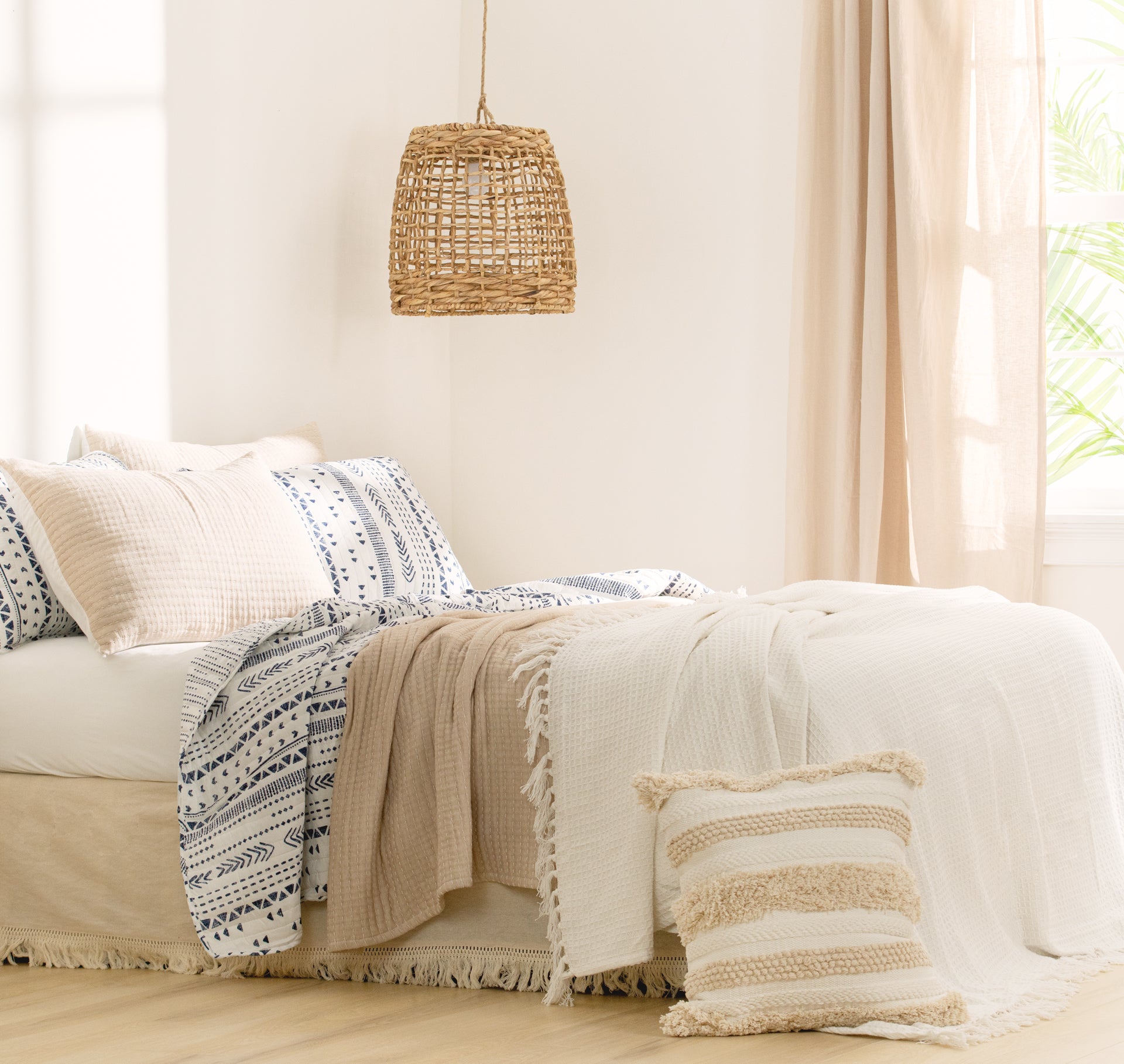 Bedding Bundle: Hygge Stripe Quilt + Solid Kantha Pick Stitch Quilt/Coverlet + Waffle Cotton Knit Blanket